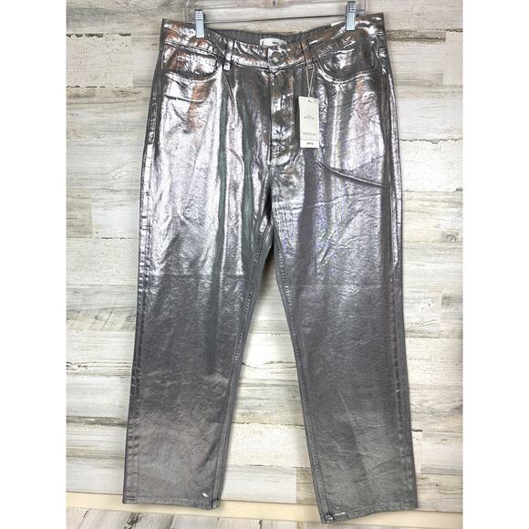 MNG Womens 12 Silver Foil Straight Wide Leg Denim Jeans Evening Wear NEW - Picture 3 of 11